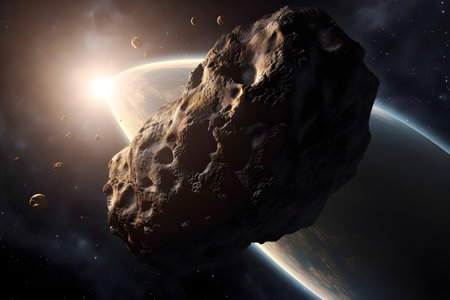Huge asteroid in space image threatening planet earth, sci-fi fantasy closeup, generative AI content.の素材