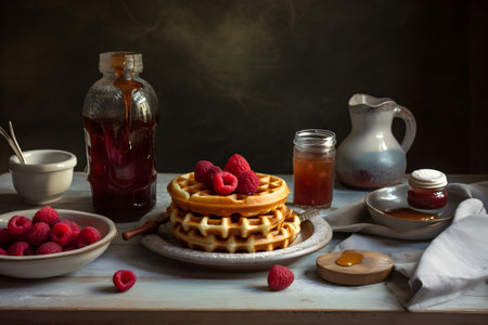 Belgian waffles for breakfast or brunch with fresh raspberries, healthy breakfast, stack of waffles, generative AI.の写真素材