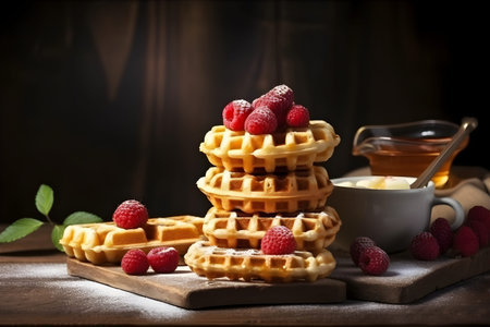 Belgian waffles for breakfast or brunch with fresh raspberries, healthy breakfast, stack of waffles, generative AI.の写真素材