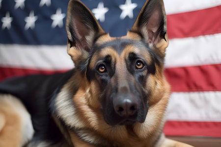 German shepherd portrait and American flag as background, closeup, generative AI.の素材
