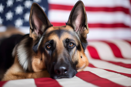 German shepherd portrait and American flag as background, closeup, generative AI.の素材