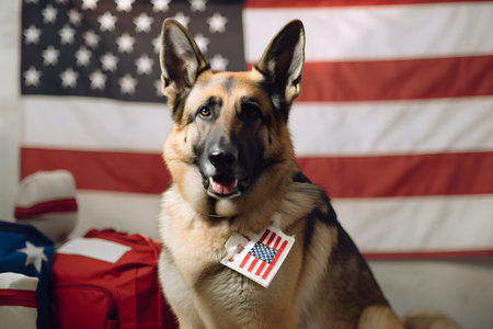 Sitting German shepherd portrait and American flag as background, closeup, generative AI.の素材