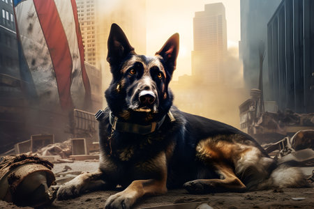 German shepherd portrait lying down and American flag as background, closeup, AI generative contentの素材