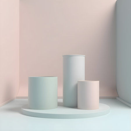 Abstract pastel podium model made of geometric solids, cylinders, spheres. Generative AI content, illustration.の素材