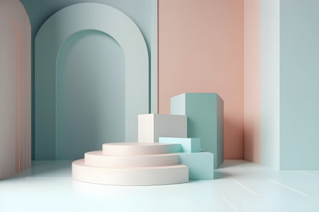 Abstract pastel podium model made of geometric solids, cylinders, spheres. Generative AI content, illustration.の素材
