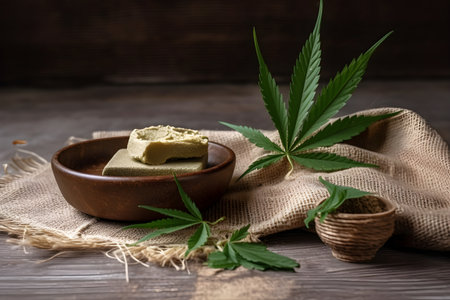 Cannabis products on the table, cannabis leaves on the background of wooden boards, generative AI content.の素材