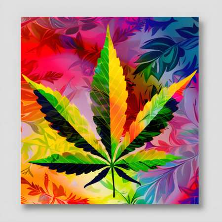 Multicolored cannabis leaf on the colorful background, card, image, generative AI content.の素材