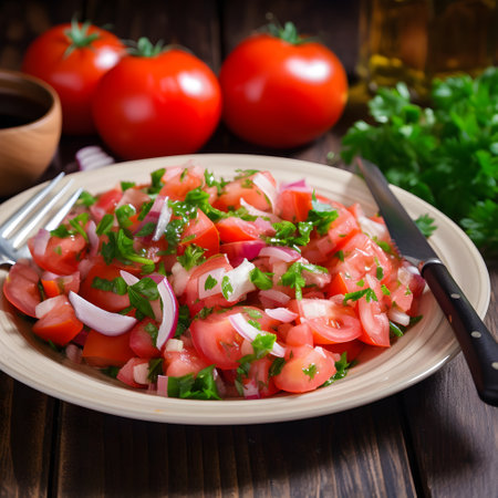 Freshly made tomato salad with onions, garlic and parsley served on a rustic table close-up, generative AI content.の素材