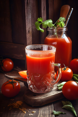 Tomato juice with pepper and salt served on a rustic table, vertical closeup, generative AI content.の素材