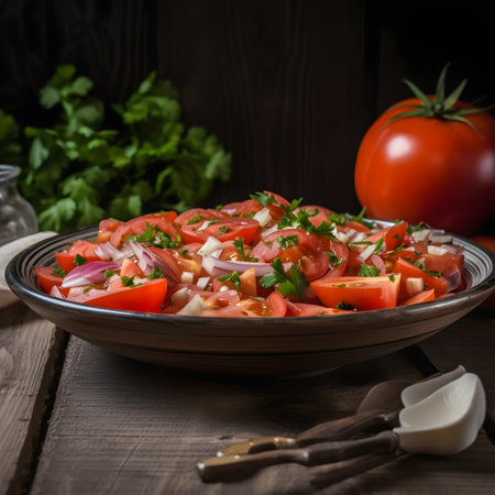 Freshly made tomato salad with onions, garlic and parsley served on a rustic table close-up, generative AI content.の素材