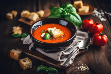 Freshly made tomato soup with croutons and parsley served with fresh bread on a rustic table close-up, generative AI content.の素材