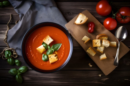 Freshly made tomato soup with croutons and parsley served with fresh bread on a rustic table close-up, generative AI content.の素材