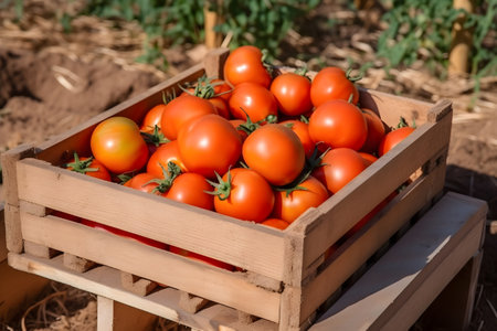 Fresh ripe tomatoes collected in wooden box on tomato farm. Close-up, raw vegetarian diet concept, generative AI content.の素材