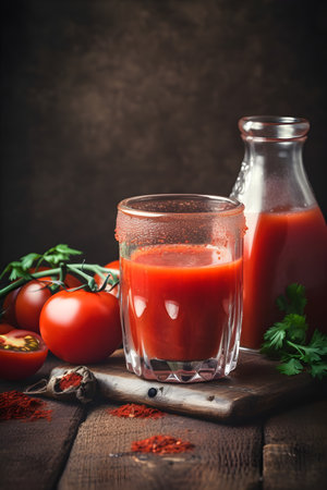 Tomato juice with pepper and salt served on a rustic table, vertical closeup, generative AI content.の素材