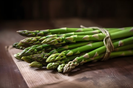 Bunch of fresh asparagus spears on brown wooden table, generative AI content, copy space.の素材