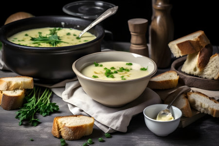 Asparagus soup made with green asparagus and croutons, served in a rustic style, close-up, generative AI content.の素材