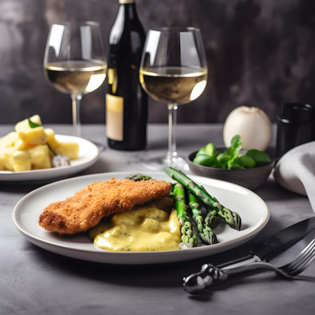 Breaded schnitzel with green asparagus and hollandaise sauce, served in a rustic style, close-up, generative AI content.の素材