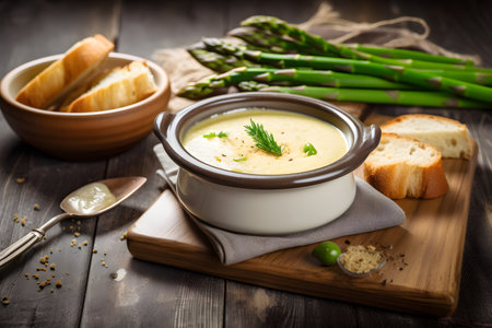 Asparagus soup made with green asparagus and croutons, served in a rustic style, close-up, generative AI content.の素材