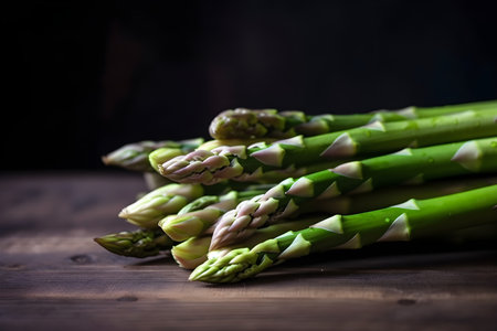 Bunch of fresh asparagus spears on brown wooden table, generative AI content, copy space.の素材