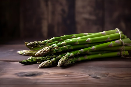 Bunch of fresh asparagus spears on brown wooden table, generative AI content, copy space.の素材