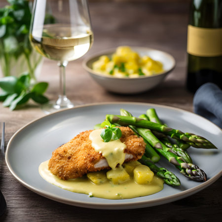 Breaded schnitzel with green asparagus and hollandaise sauce, served in a rustic style, close-up, generative AI content.の素材