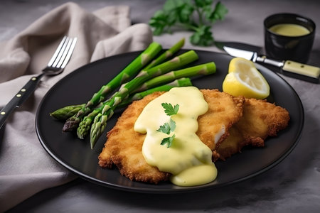 Breaded schnitzel with green asparagus and hollandaise sauce, served in a rustic style, close-up, generative AI content.の素材