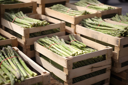 Close-up of fresh green asparagus in rustic wooden crates prepared for transport, generative AI content.の素材