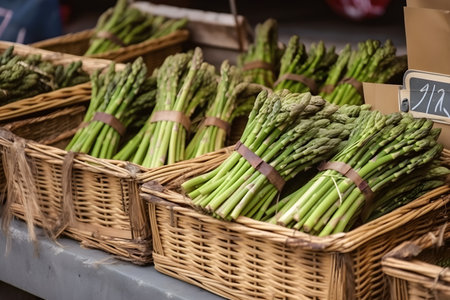 Close-up of fresh green asparagus in rustic wooden crates prepared for transport, generative AI content.の素材