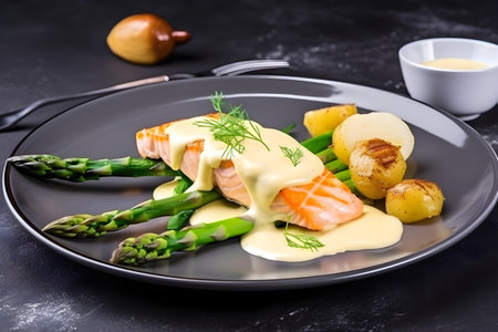 Grilled salmon with green asparagus and hollandaise sauce, served in a rustic style, close-up, generative AI content.の素材
