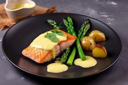 Grilled salmon with green asparagus and hollandaise sauce, served in a rustic style, close-up, generative AI content.の素材