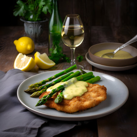 Breaded schnitzel with green asparagus and hollandaise sauce, served in a rustic style, close-up, generative AI content.の素材
