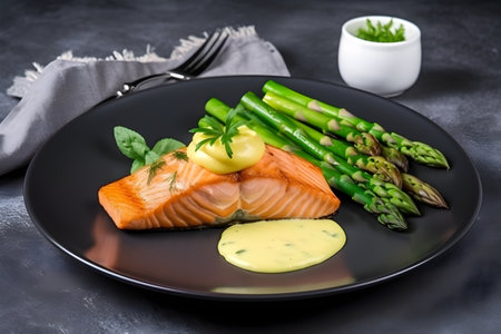 Grilled salmon with green asparagus and hollandaise sauce, served in a rustic style, close-up, generative AI content.の素材