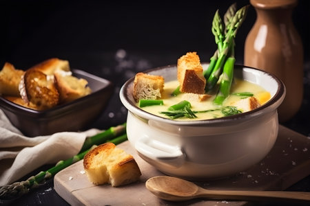 Asparagus soup made with green asparagus and croutons, served in a rustic style, close-up, generative AI content.の素材