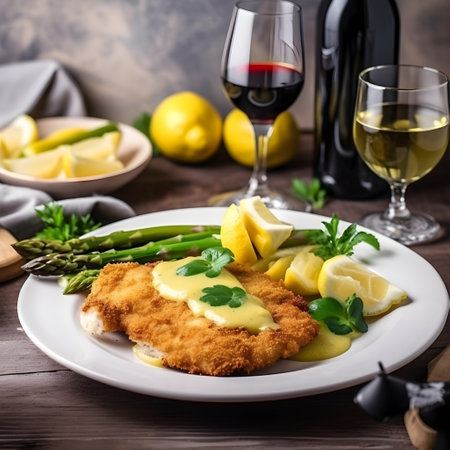 Breaded schnitzel with green asparagus and hollandaise sauce, served in a rustic style, close-up, generative AI content.の素材