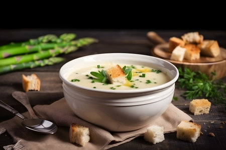 Asparagus soup made with green asparagus and croutons, served in a rustic style, close-up, generative AI content.の素材