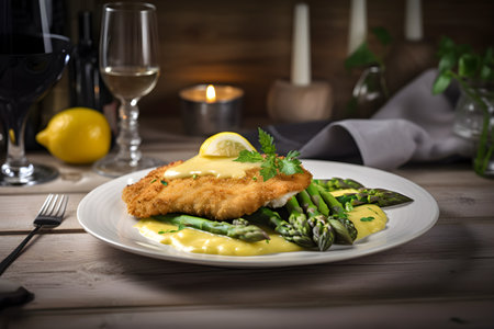 Breaded schnitzel with green asparagus and hollandaise sauce, served in a rustic style, close-up, generative AI content.の素材