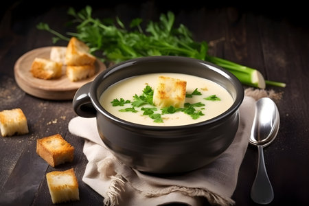 Asparagus soup made with green asparagus and croutons, served in a rustic style, close-up, generative AI content.の素材