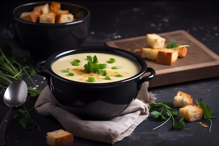 Asparagus soup made with green asparagus and croutons, served in a rustic style, close-up, generative AI content.の素材