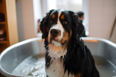 Bernese mountain dog wet in bathroom with foam soap, pets indoors, closeup, generative AI content.の素材