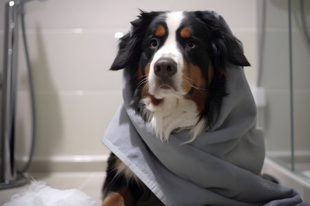 Bernese mountain dog is dried off with the towel after the bath in the bathroom, pets indoors, close-up, generative AI content.の素材