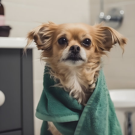 A dog is dried off with the towel after the bath in the bathroom, pets indoors, close-up, generative AI content.の素材