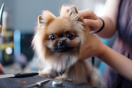 Dog grooming service, Yorkshire Terrier dog sitting on table in grooming salon, closeup, generative AI content.の素材