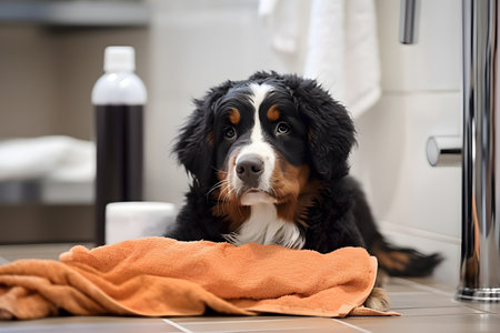 Bernese mountain dog is dried off with the towel after the bath in the bathroom, pets indoors, close-up, generative AI content.の素材