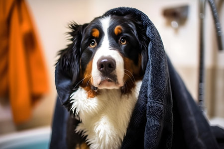 Bernese mountain dog is dried off with the towel after the bath in the bathroom, pets indoors, close-up, generative AI content.の素材