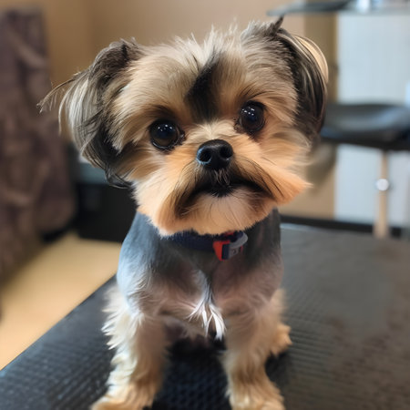 Dog grooming service, Yorkshire Terrier dog sitting on table in grooming salon, closeup, generative AI content.の素材