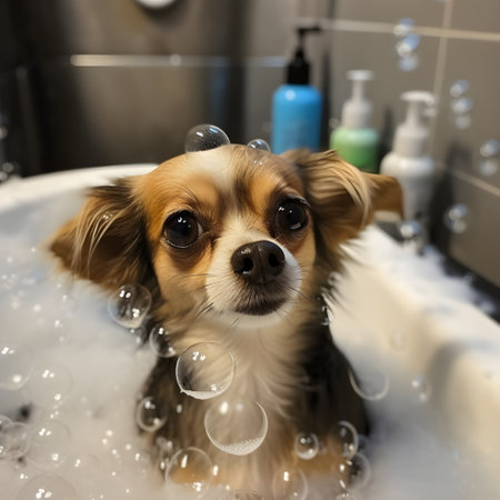 Cute little dog wet in bath with foam soap, pets indoors, closeup, generative AI content.の素材