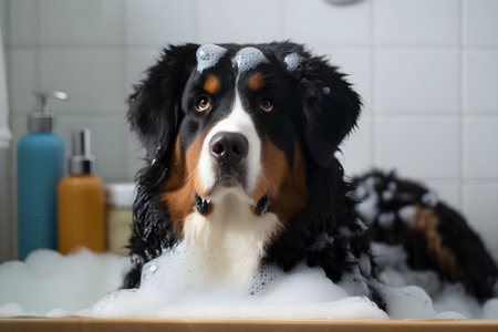 Bernese mountain dog wet in bathroom with foam soap, pets indoors, closeup, generative AI content.の素材