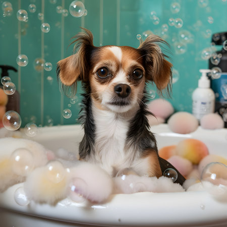 Cute little dog wet in bath with foam soap, pets indoors, closeup, generative AI content.の素材