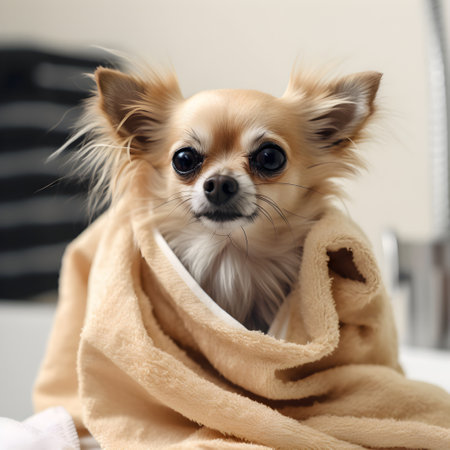 A dog is dried off with the towel after the bath in the bathroom, pets indoors, close-up, generative AI content.の素材