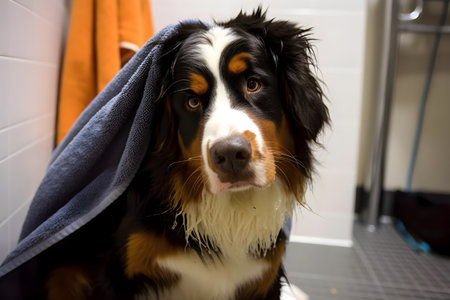 Bernese mountain dog is dried off with the towel after the bath in the bathroom, pets indoors, close-up, generative AI content.の素材
